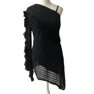 M Marc Bouwer Black Y2k Asymmetrical Ruffle One Shoulder Whimsigoth Witchy 10